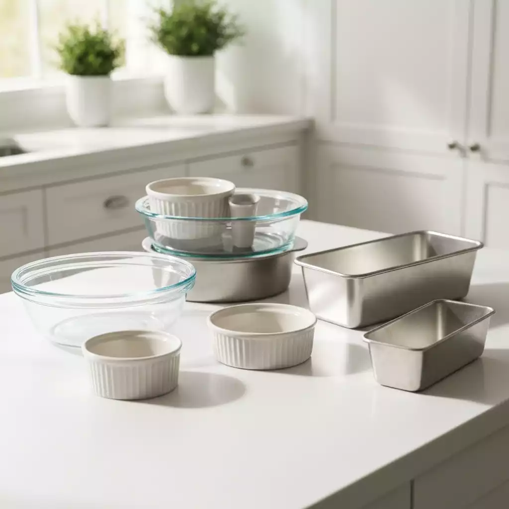 Assortment of healthy baking dish materials like glass, ceramic, and stainless steel on a kitchen counter