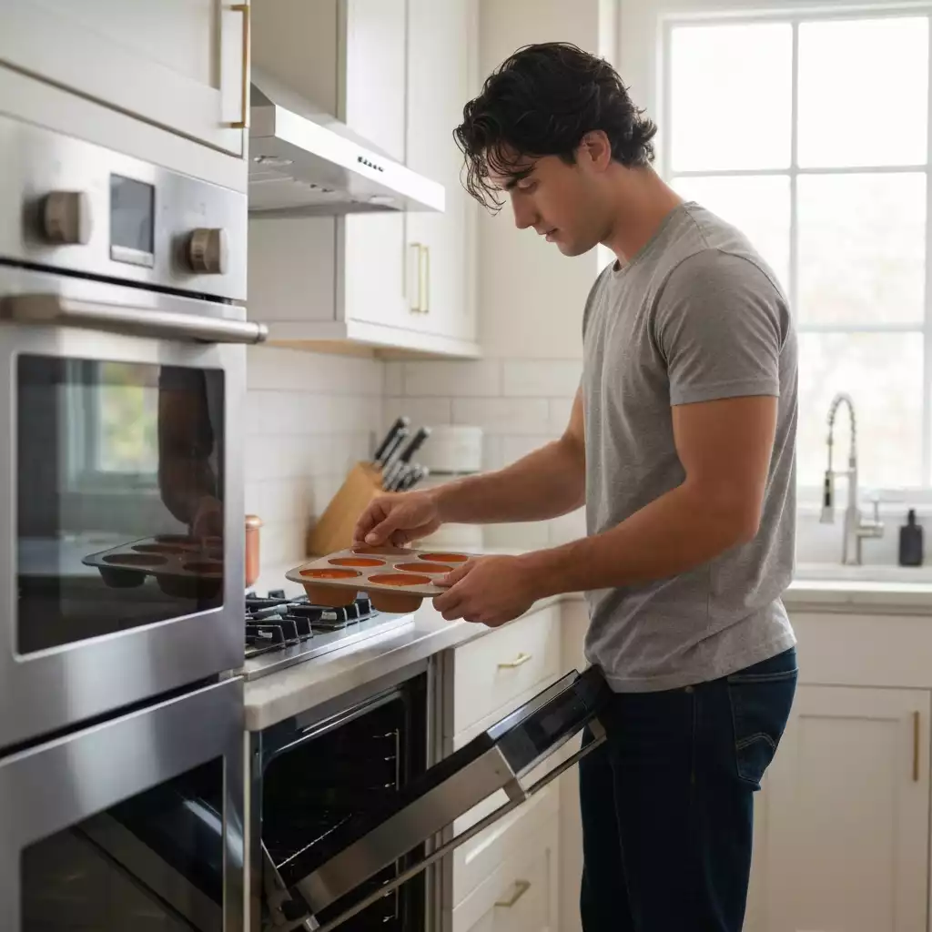 Person using silicone baking molds to bake muffins in a modern kitchen