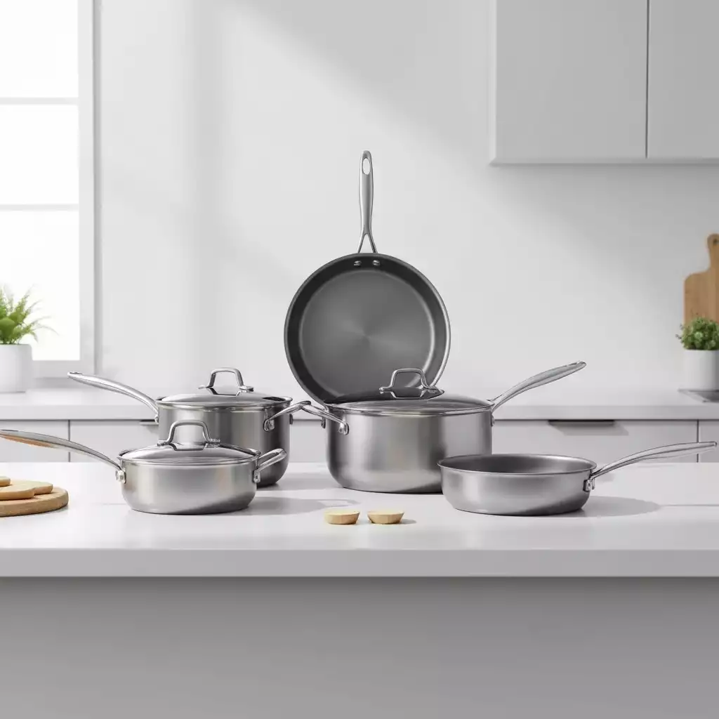 High-quality cookware set on a modern kitchen counter