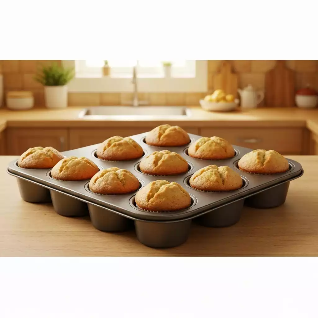 Heavy-duty muffin tin with perfectly baked golden muffins, kitchen background