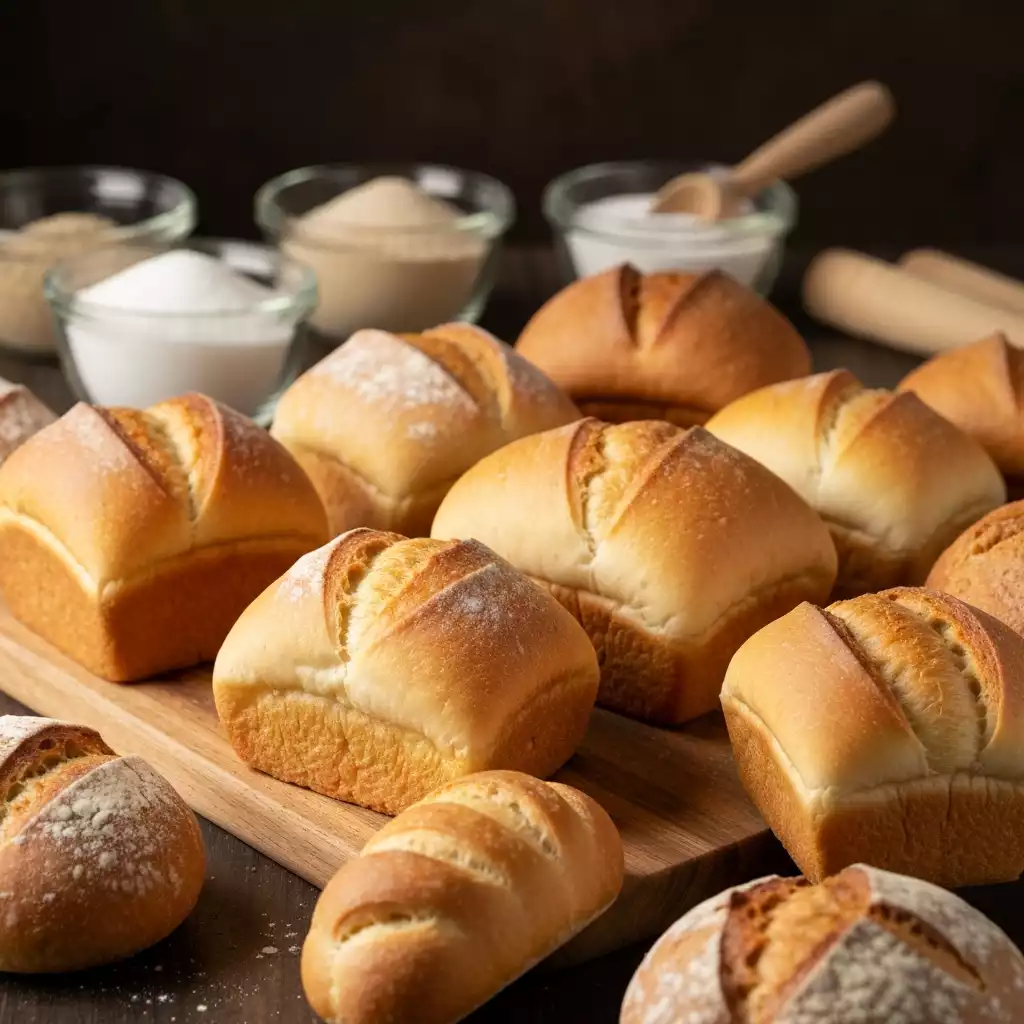 Close-up of freshly baked mini loaves on a wooden cutting board