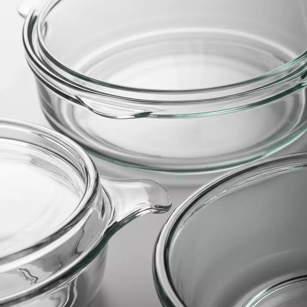 Detailed close-up of borosilicate and tempered glass bakeware pieces showing their distinct compositions and textures, with a focus on material science, no text, no words, no typography, 8K