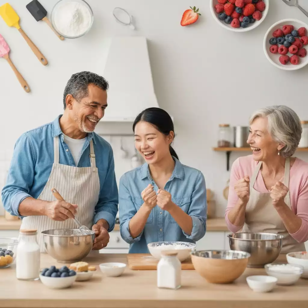 Diverse group of home bakers happily interacting and sharing tips in a vibrant online community setting, with baking tools and ingredients visible in a clean, modern kitchen environment