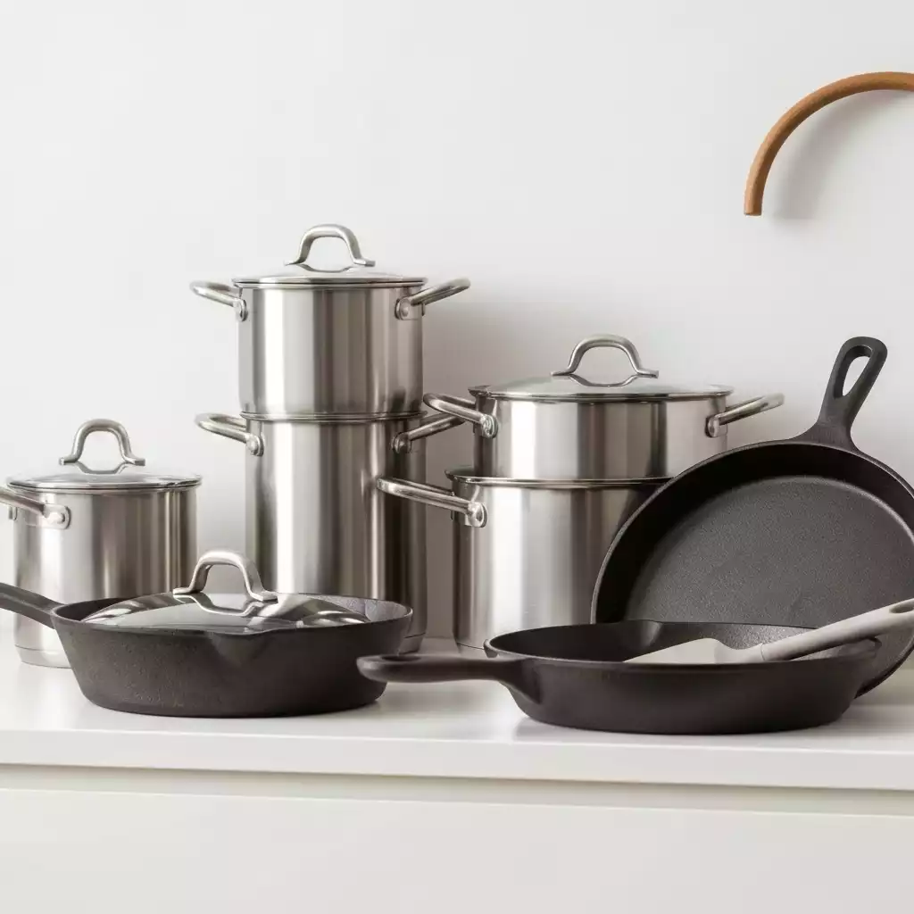 A diverse collection of essential cookware pieces including stainless steel pots, a cast iron skillet, and a nonstick pan, neatly arranged on a kitchen shelf