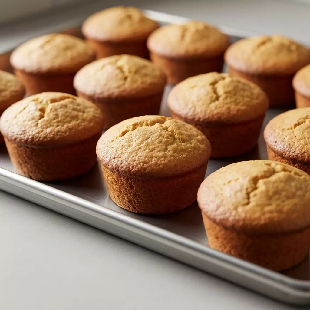 Close-up of baked goods on a stainless steel baking sheet, golden brown, perfect texture