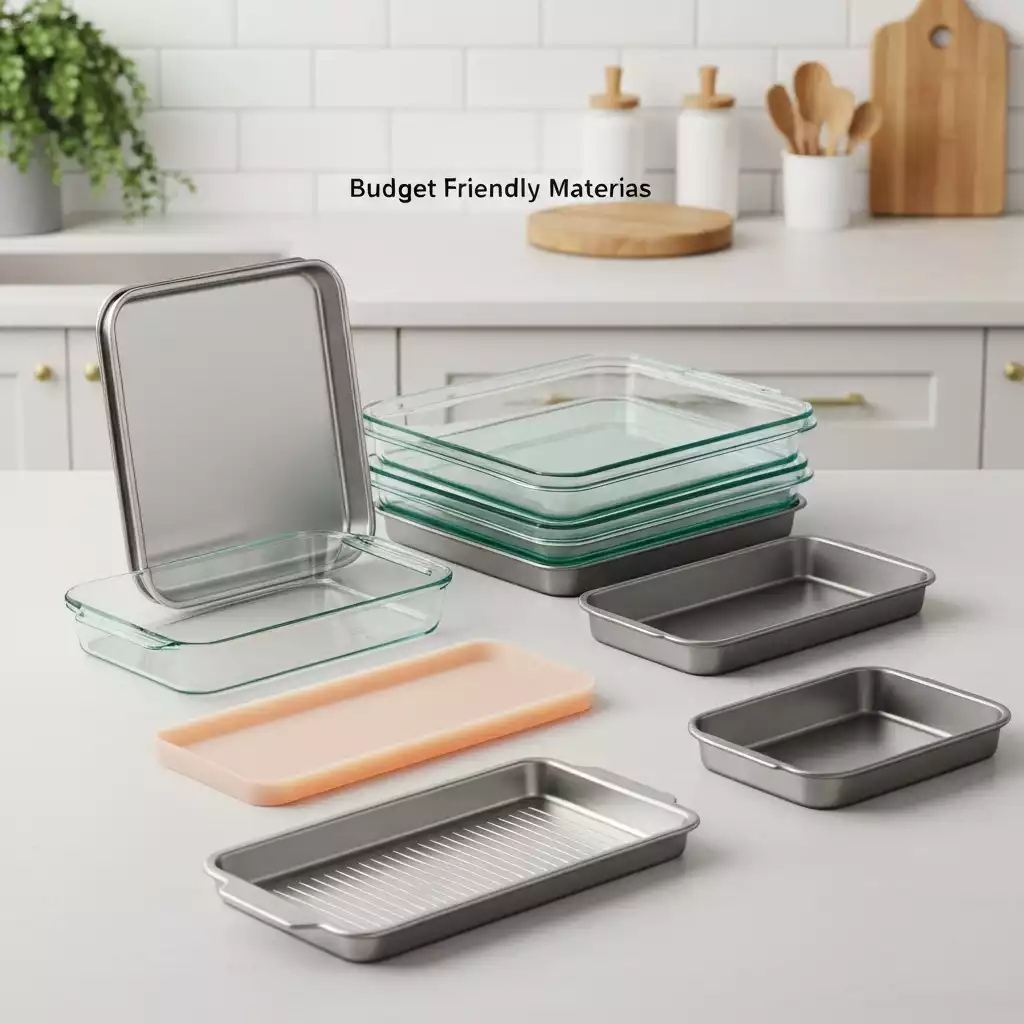 Assortment of budget bakeware materials including aluminum, glass, silicone, and stainless steel, neatly arranged on a light kitchen counter