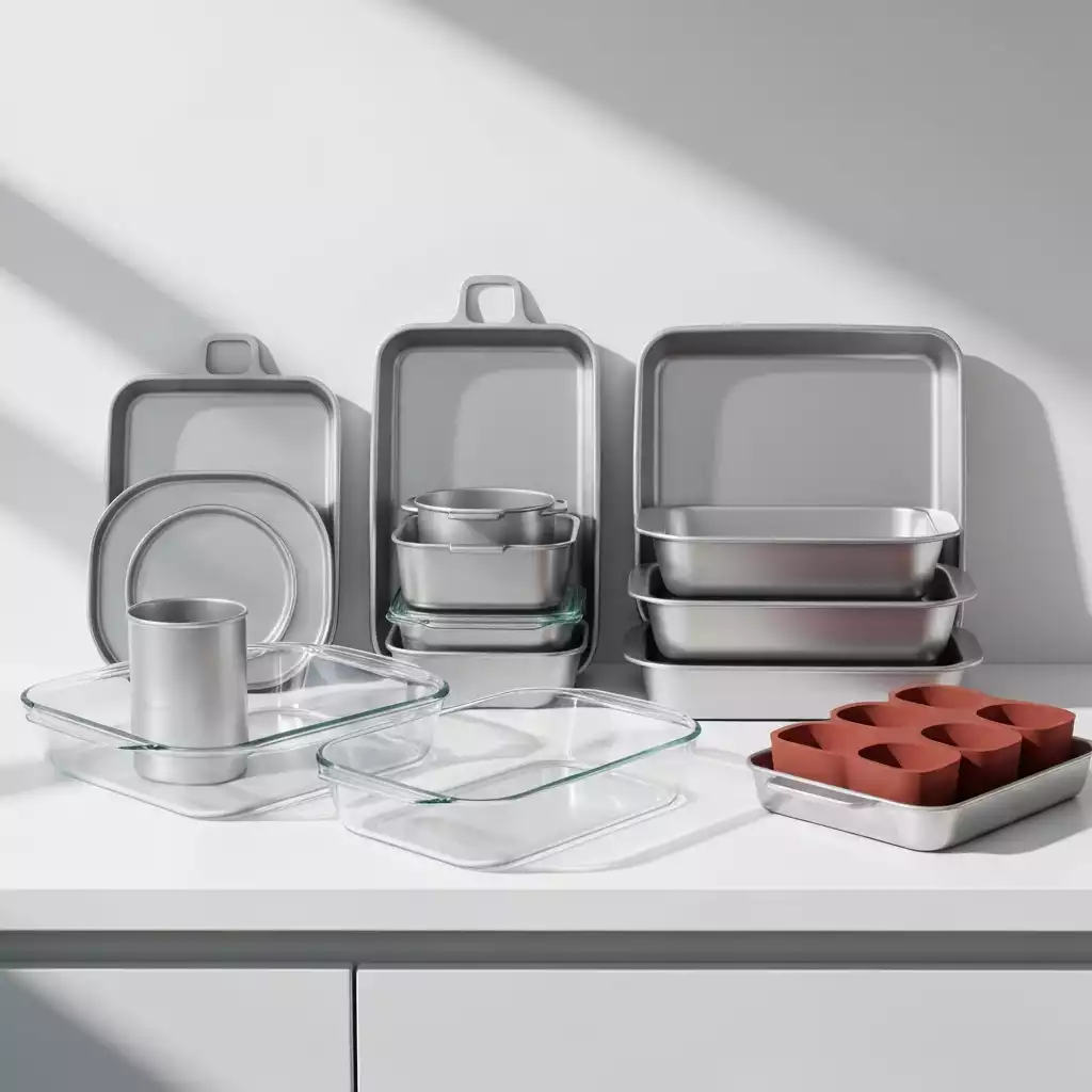 Assortment of various bakeware items on a kitchen counter
