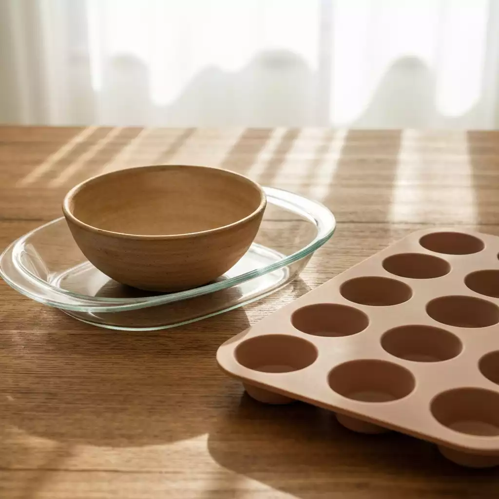 Assortment of eco-friendly bakeware: glass dish, ceramic bowl, and silicone muffin tray on a rustic wooden table