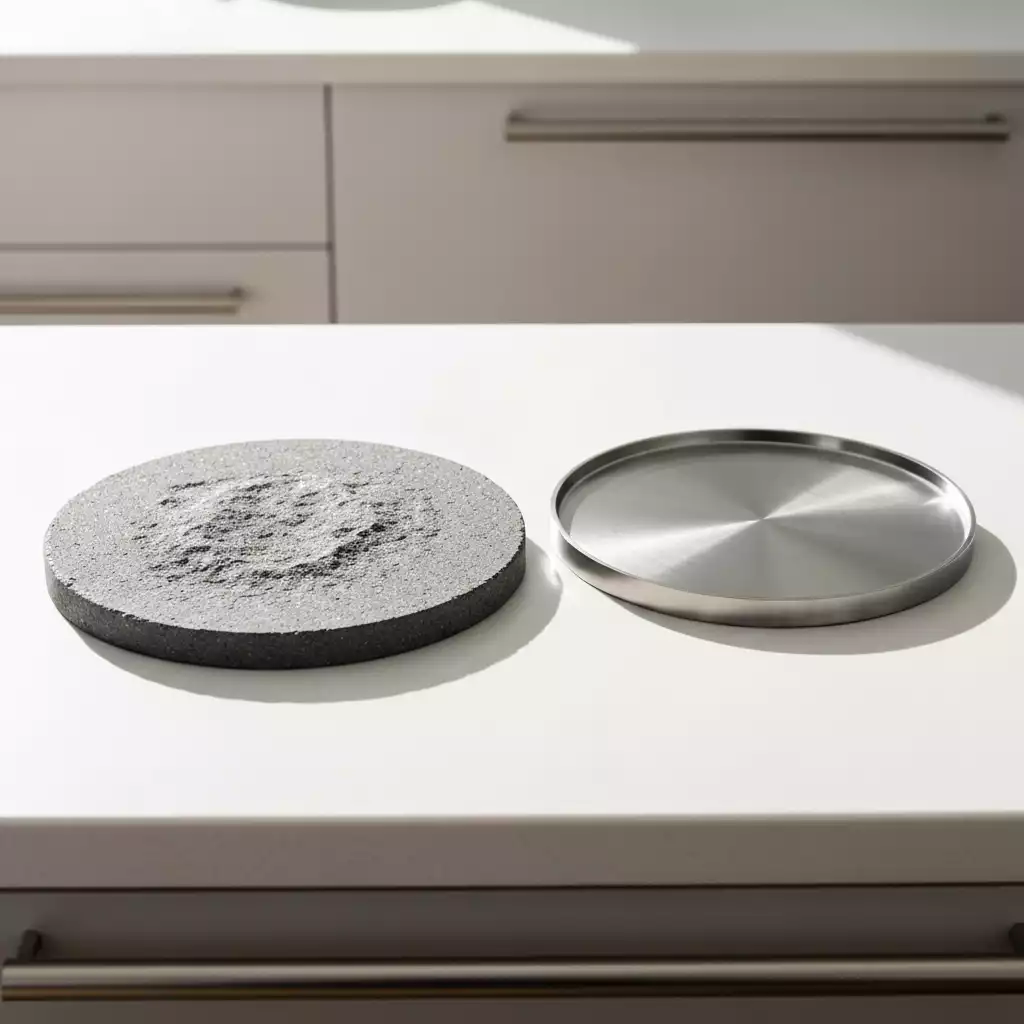 Pizza stone and pizza steel side by side on a kitchen counter
