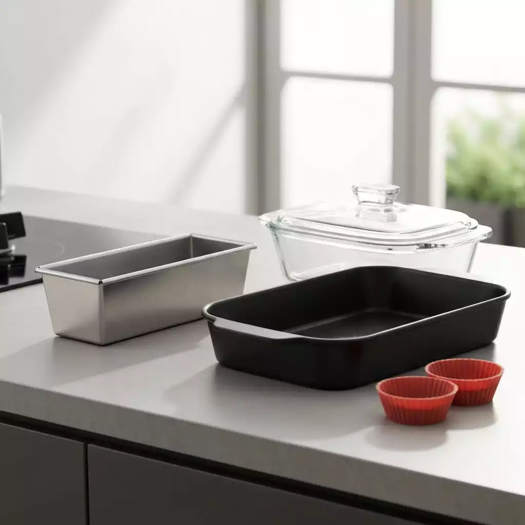 Assortment of bakeware materials: nonstick metal, silicone mold, glass dish, and ceramic dish, arranged neatly on a kitchen counter