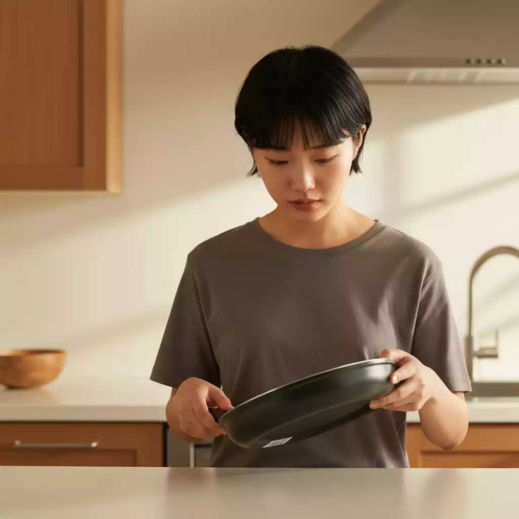 Person examining a nonstick frying pan for quality and warranty information, in a well-lit kitchen