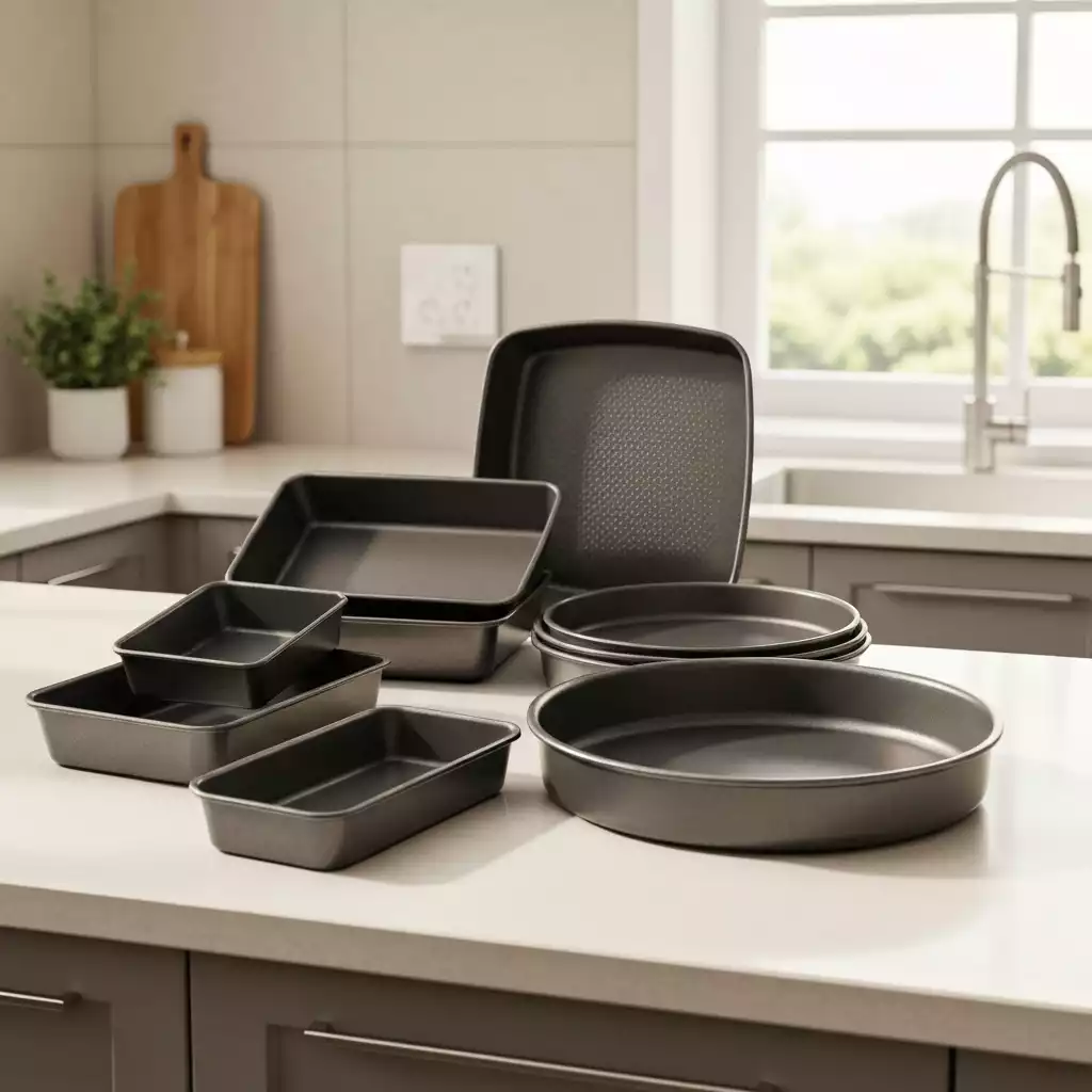 Assortment of affordable nonstick baking pans on a kitchen counter