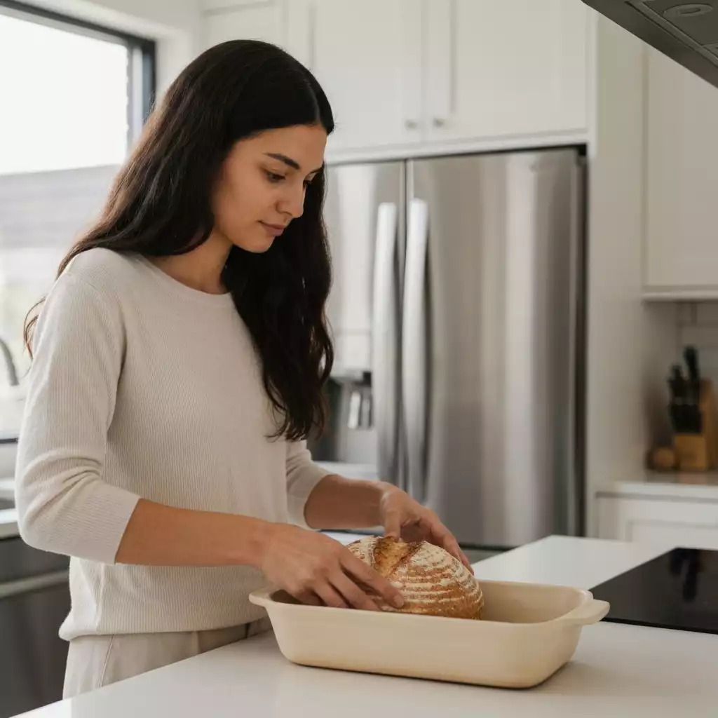 Person using eco-friendly bakeware in a modern, naturally lit kitchen
