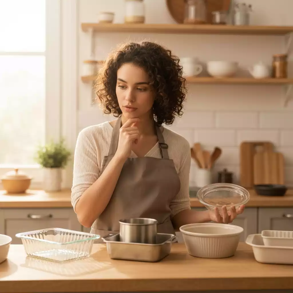 Person choosing between different bakeware materials in a kitchen, natural light, no text, no words, no typography, 8K