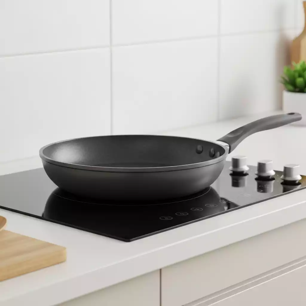 Close up of a durable nonstick frying pan with a thick base and robust handle on a modern stovetop