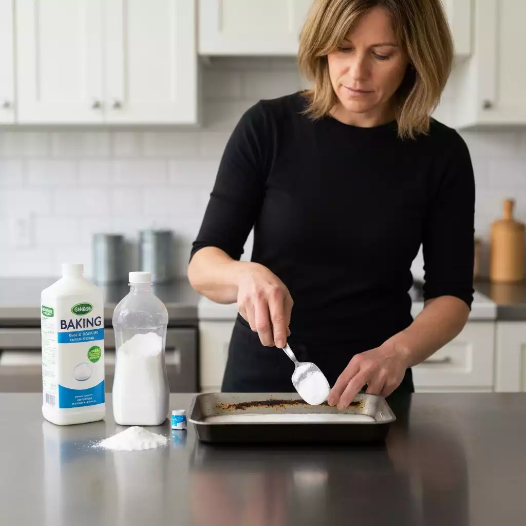 Person demonstrating a technique to clean a burnt baking pan, with baking soda and vinegar visible on the counter