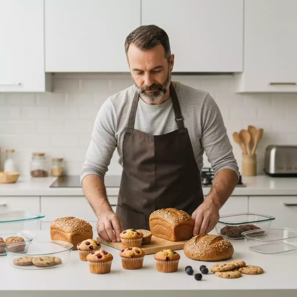 Person arranging healthy baked goods on a kitchen counter with various baking dishes