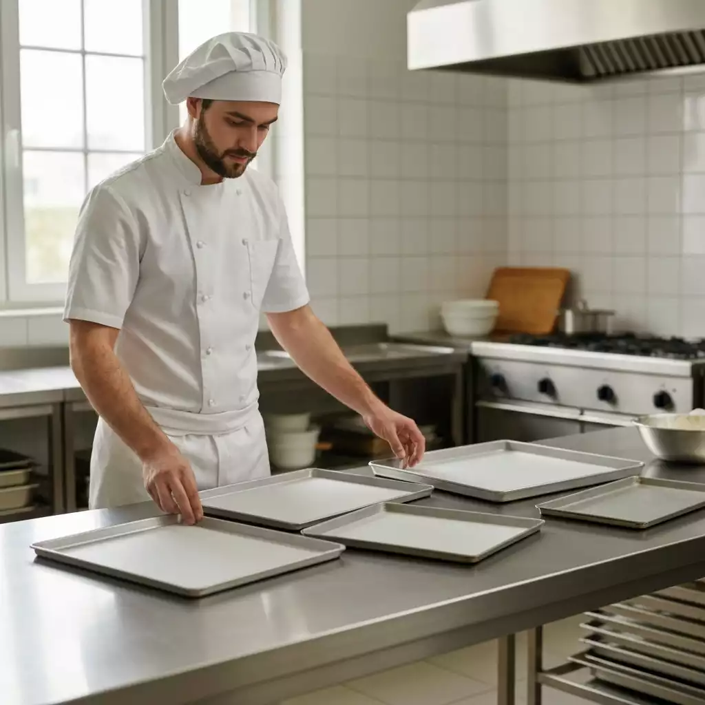 A baker thoughtfully choosing between different lightweight baking sheets, with various options laid out on a kitchen counter, clean image