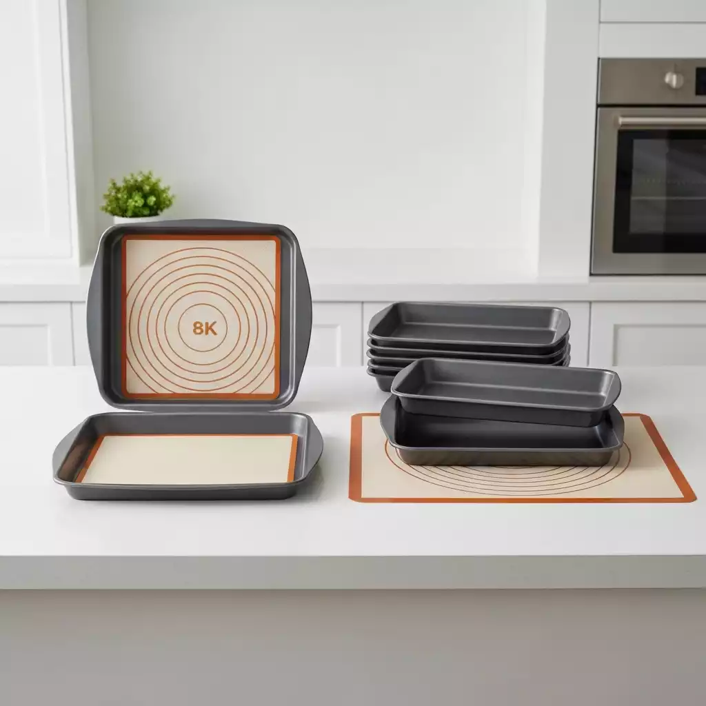 Assortment of nonstick baking pans and silicone mats arranged neatly on a kitchen counter