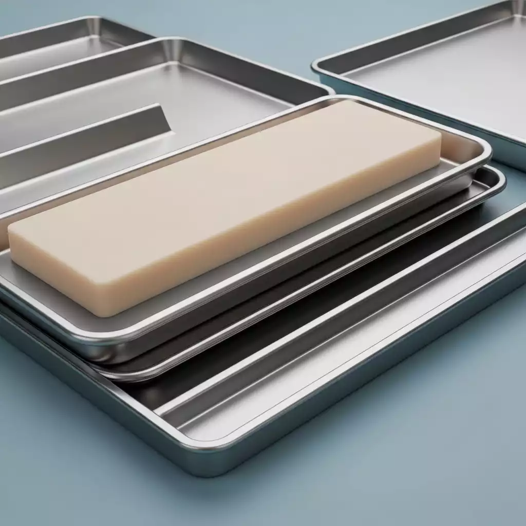 Close-up view of various lightweight baking sheet materials like aluminum, silicone, and stainless steel, neatly arranged to showcase their textures and properties, clean image