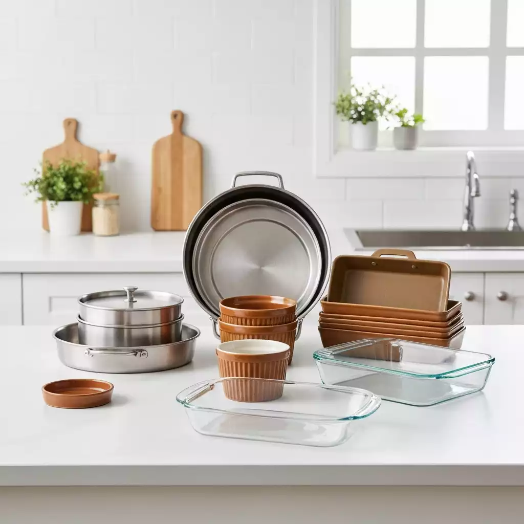 Assortment of oven-safe bakeware materials including stainless steel, ceramic, and glass, clean kitchen background, no text, no words, no typography, 8K