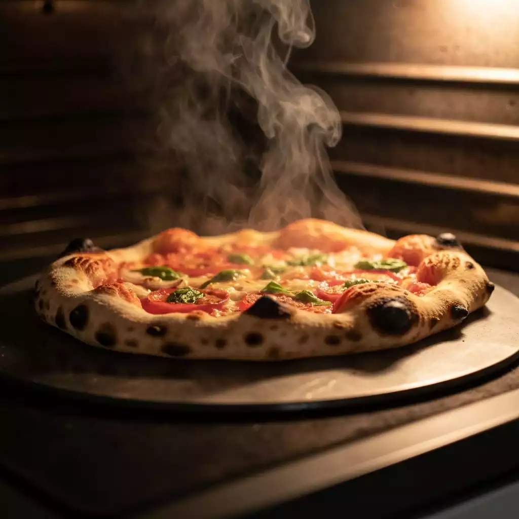Close up of a homemade pizza cooking on a pizza steel in an oven