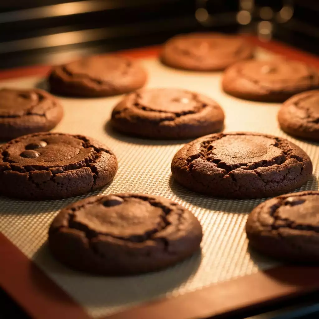Close-up of cookies baking on a silicone mat, showing even browning and perfect shape, clean image