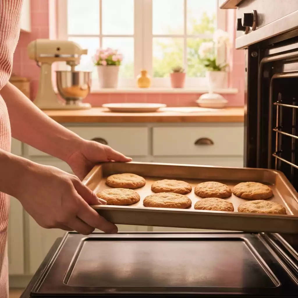 A baker's hands gently placing a tray of freshly baked cookies into an oven, warm lighting, focus on hands and cookies