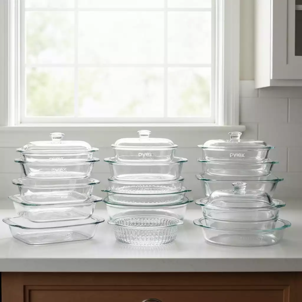 Assortment of popular glass bakeware brands like Pyrex, Anchor Hocking, and CorningWare, neatly arranged on a clean kitchen counter, showcasing their varied designs and sizes, no text, no words, no typography, 8K