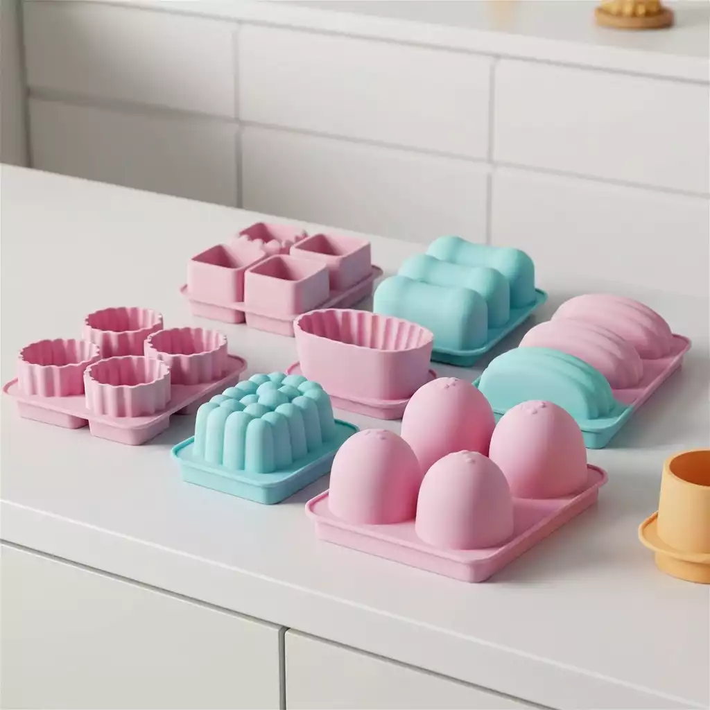 Various silicone baking molds in different shapes and colors on a kitchen counter