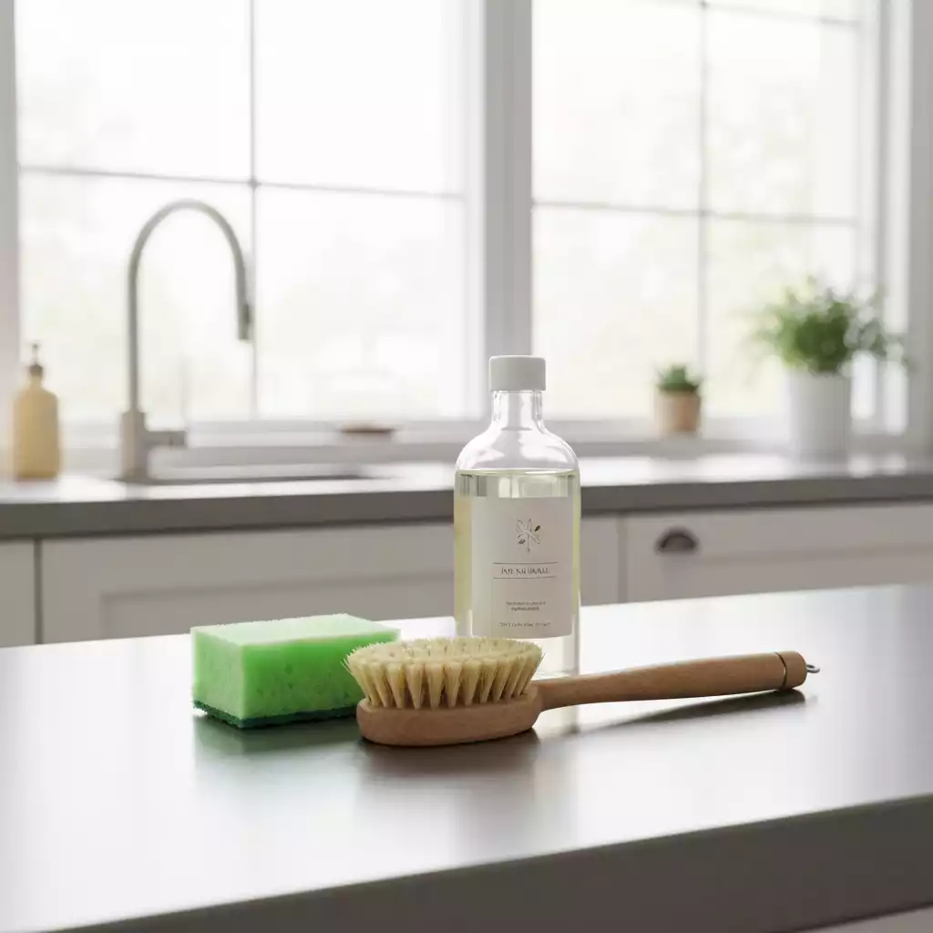 Assortment of kitchen cleaning tools, including sponges, scrub brushes, and a bottle of natural cleaner, arranged neatly on a kitchen counter
