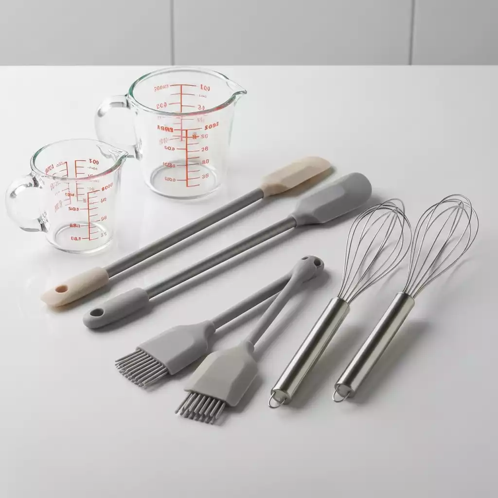 A variety of baking accessories, including measuring cups, silicone spatulas, and whisks, neatly arranged on a clean kitchen surface
