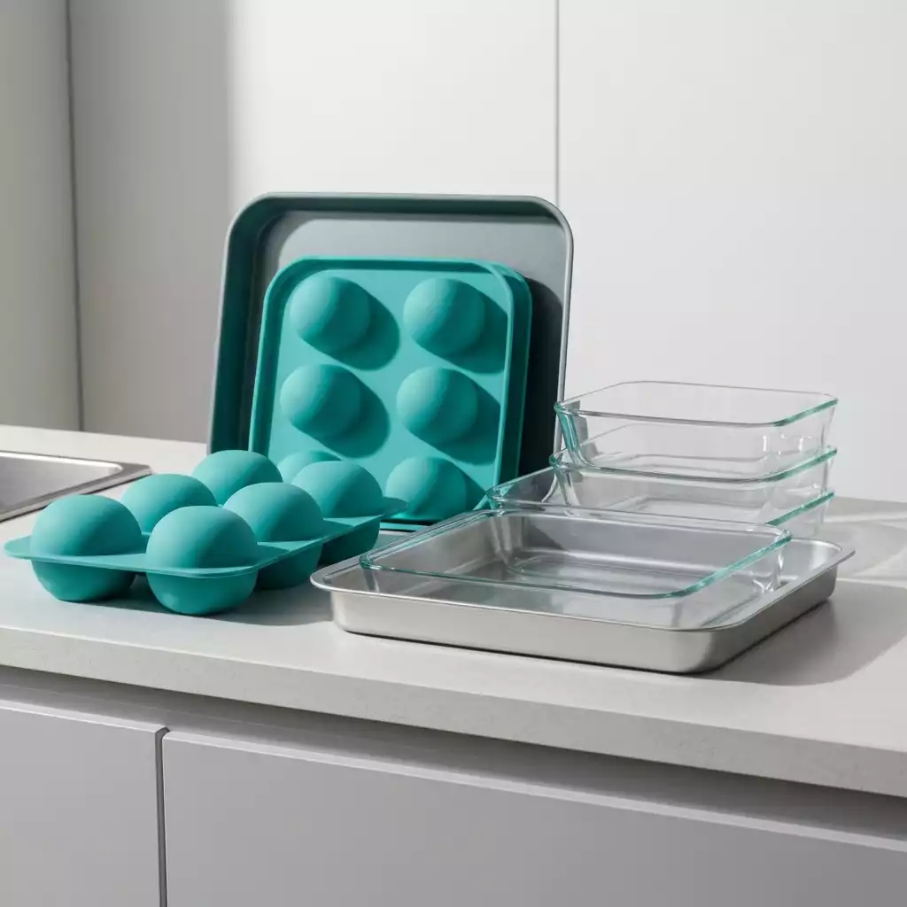 Assortment of easy-clean bakeware, including silicone molds, glass dishes, and non-stick metal trays, arranged neatly on a light kitchen counter
