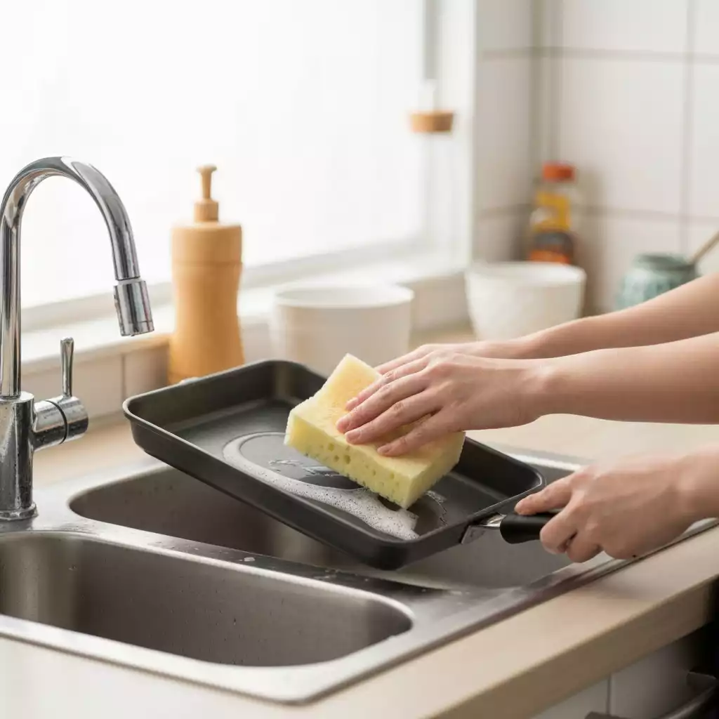 Close up of hands using a soft sponge to gently wash a nonstick baking pan in a sink