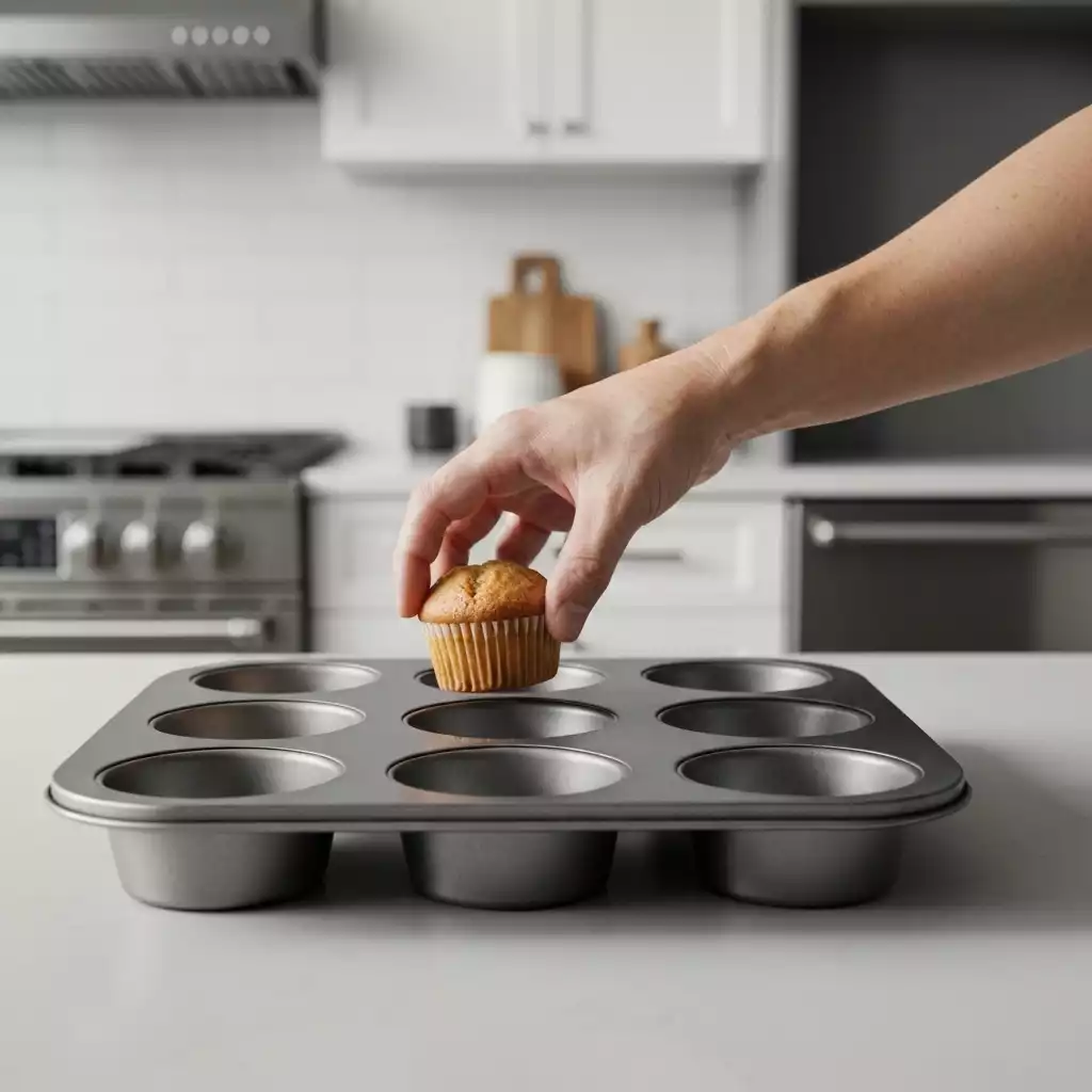 Close-up of a hand placing a muffin into a heavy-duty muffin tin, modern kitchen