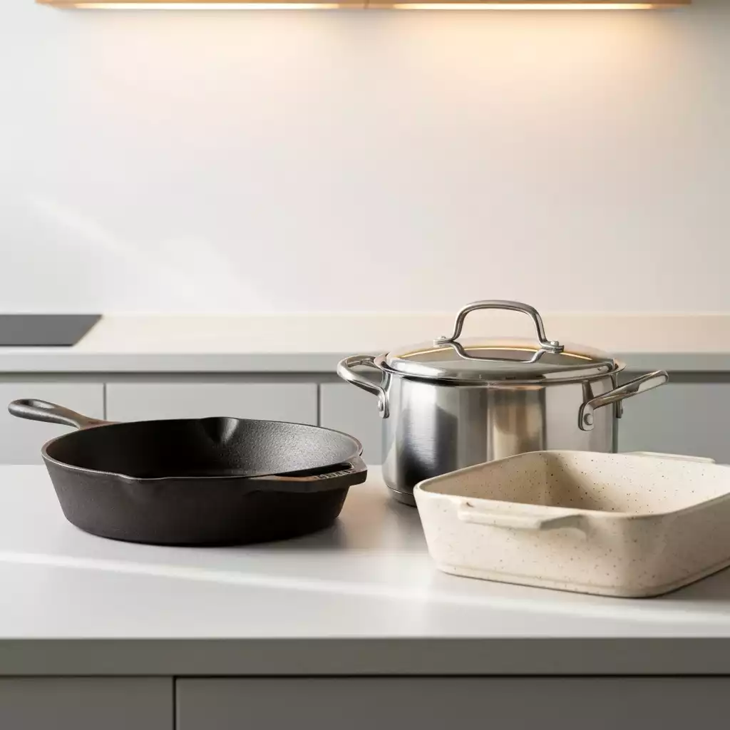 Assortment of oven-safe cookware, including cast iron skillet, stainless steel pot, and ceramic baking dish on a kitchen counter, clean background, natural light