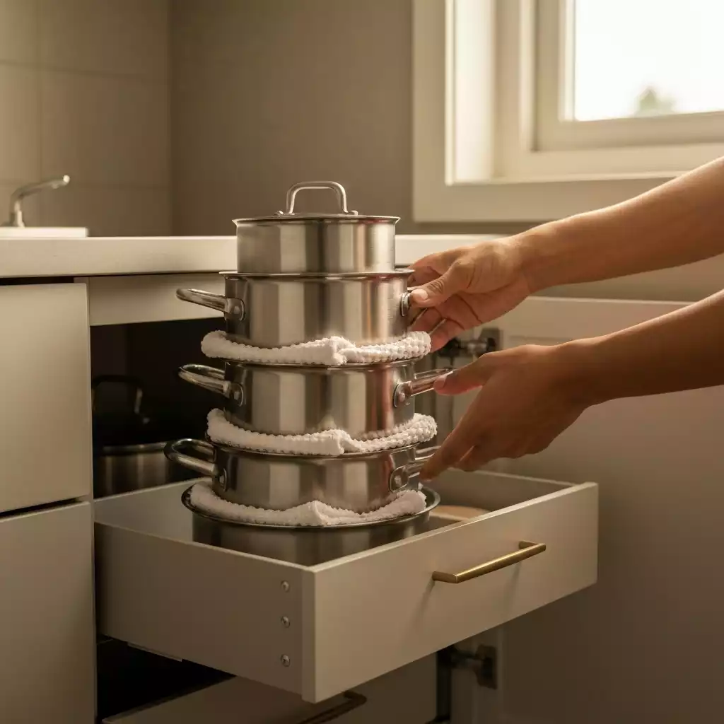 Hands carefully stacking clean, dry stainless steel pots with cloths between them, organized kitchen cabinet background, natural light