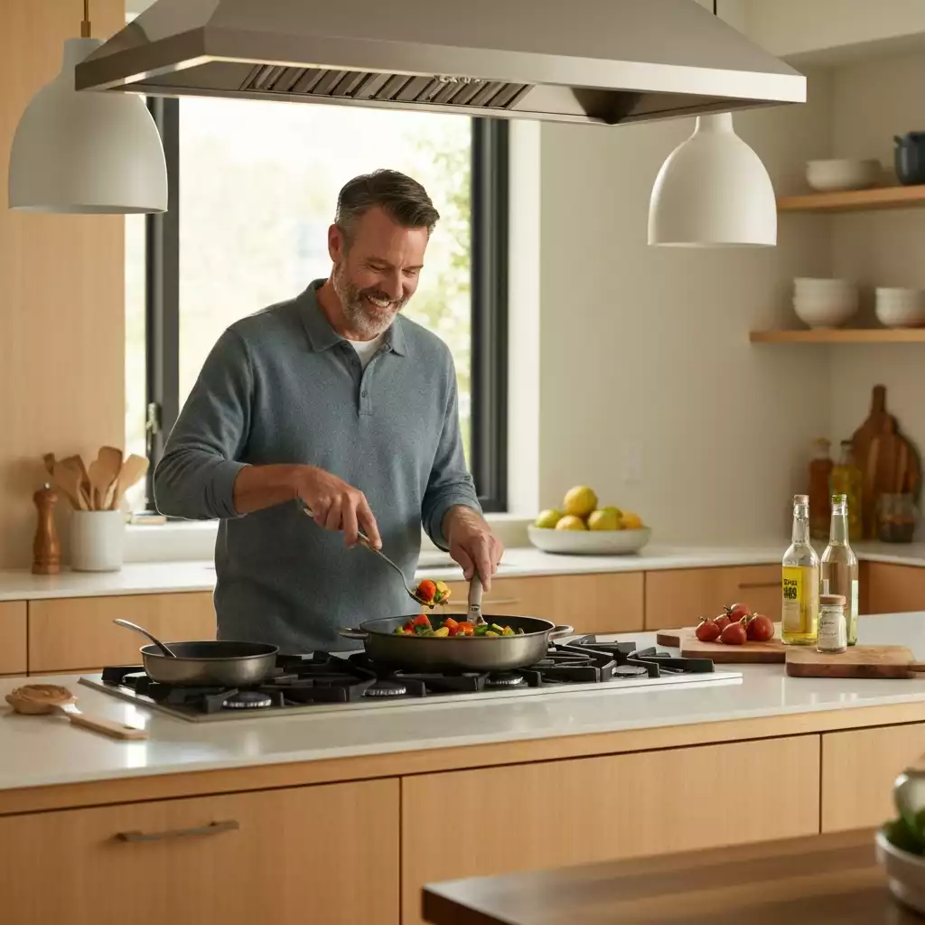 Modern kitchen with Pampered Chef cookware in use, lifestyle shot