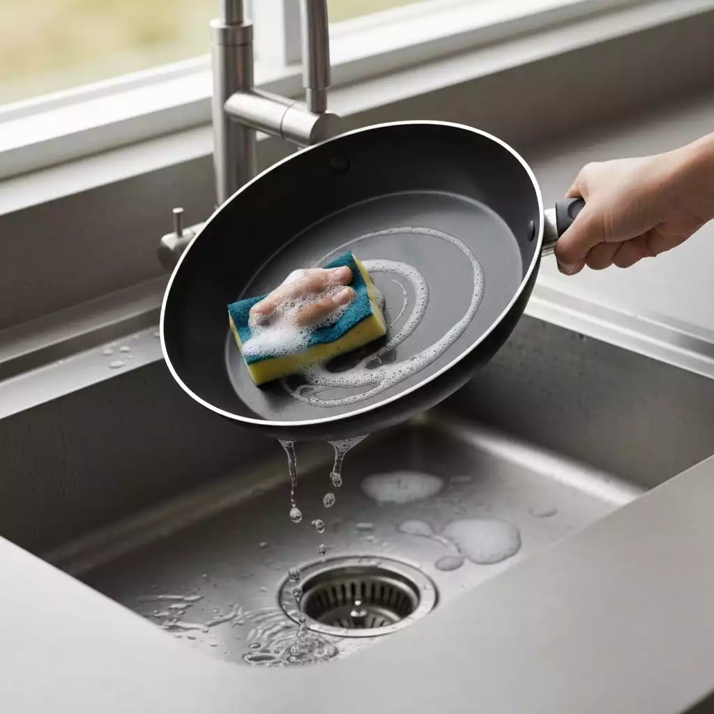 Hand cleaning a nonstick lightweight pan with a soft sponge, warm soapy water, kitchen sink background