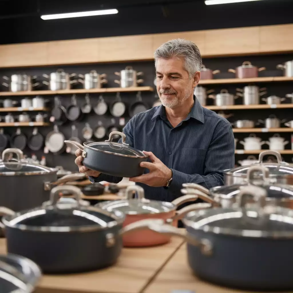 Person browsing various induction cookware options in a modern kitchenware store