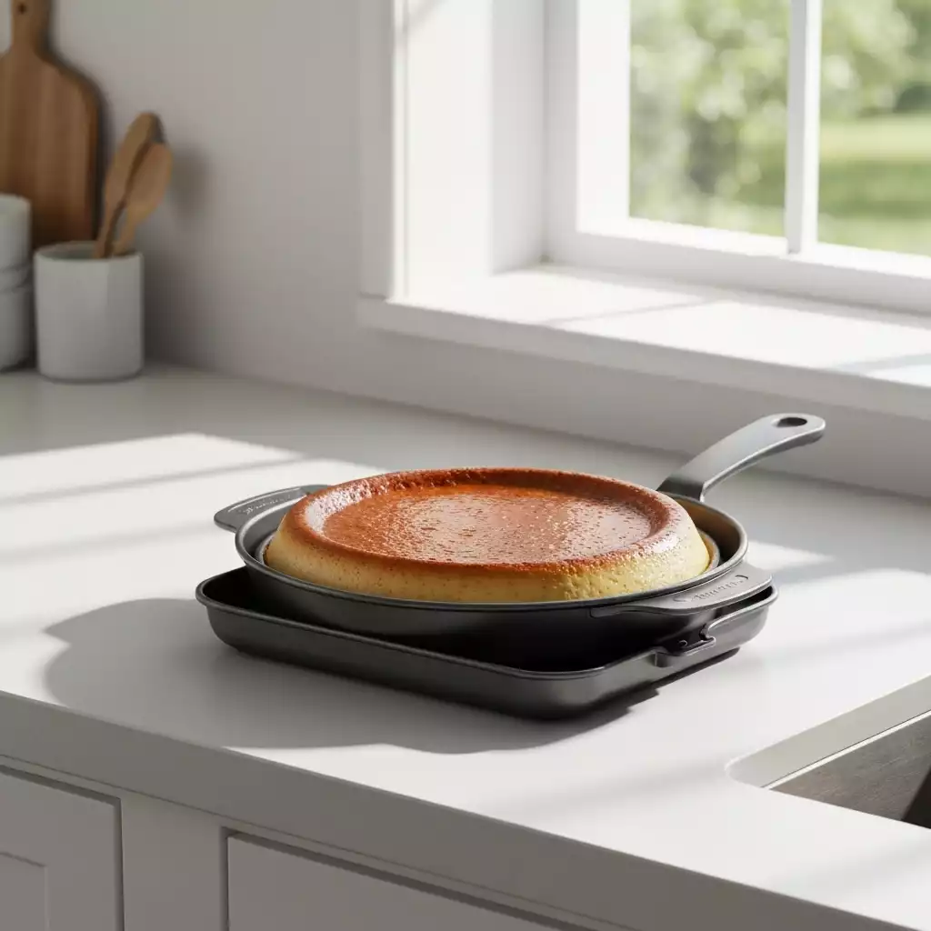 Pampered Chef Flan Pan Set with a baked flan inside, on a clean kitchen counter