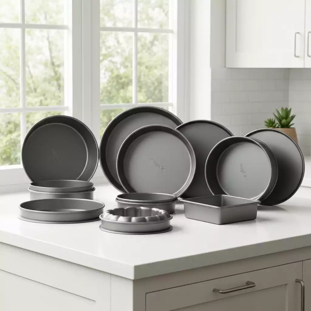 Assortment of Pampered Chef cake pans on a kitchen counter
