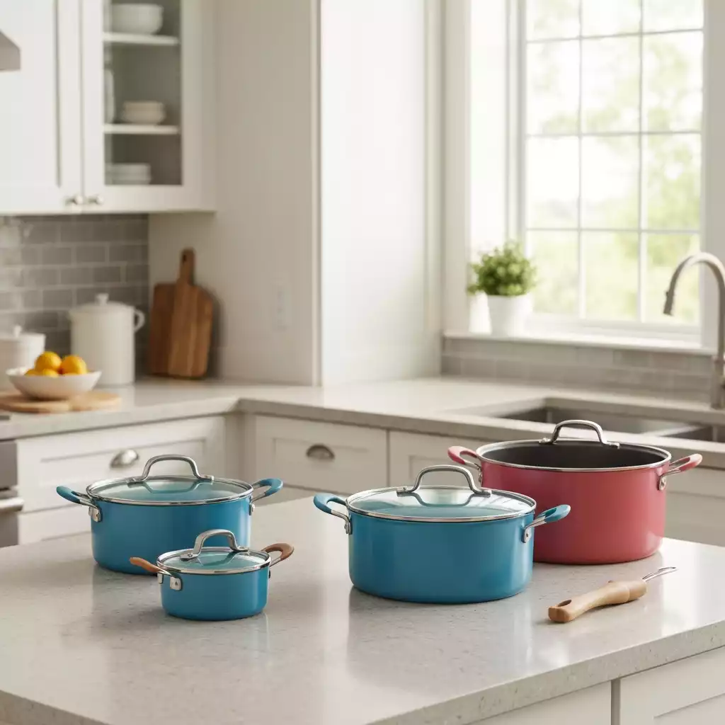 Pampered Chef pot set with various sizes and ergonomic handles in a modern kitchen setting