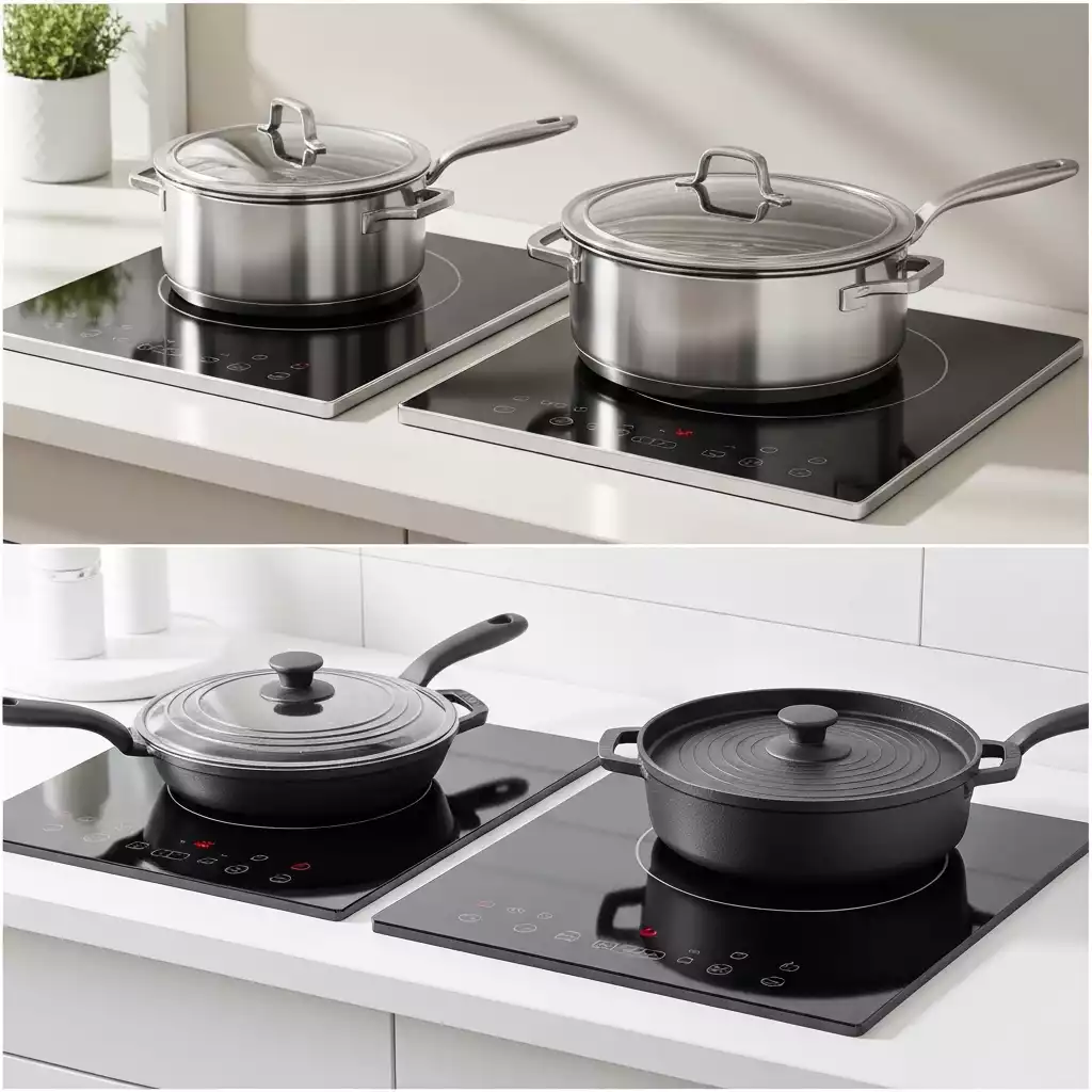 Various induction-compatible cookware pieces on a clean kitchen counter