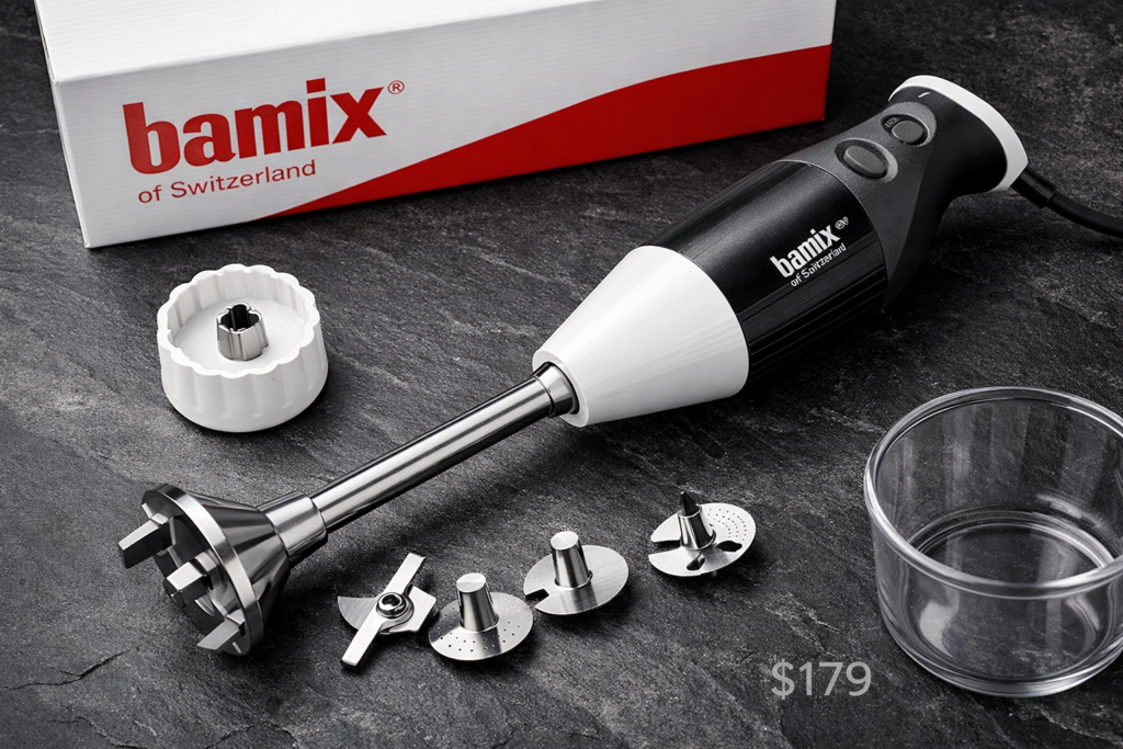 Professional product showcase of the Bamix Immersion Blender — angled flat-lay on dark slate surface showing the blender disassembled with multiple blade attachments fanned out, price tag '$179' subtly visible, product packaging box with Bamix branding in background, overhead editorial photography style.