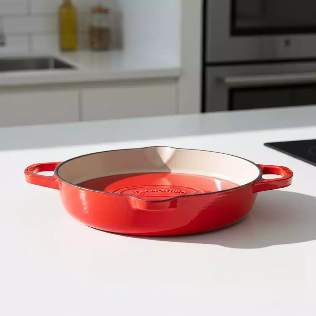 Vibrant red Tramontina enameled cast iron skillet on a clean kitchen counter