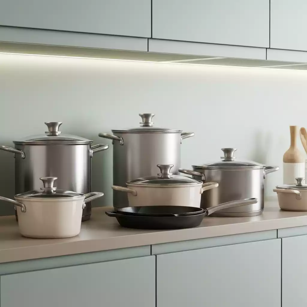 A variety of healthy cooking pots and pans, including stainless steel, ceramic, and cast iron, neatly arranged on a kitchen shelf