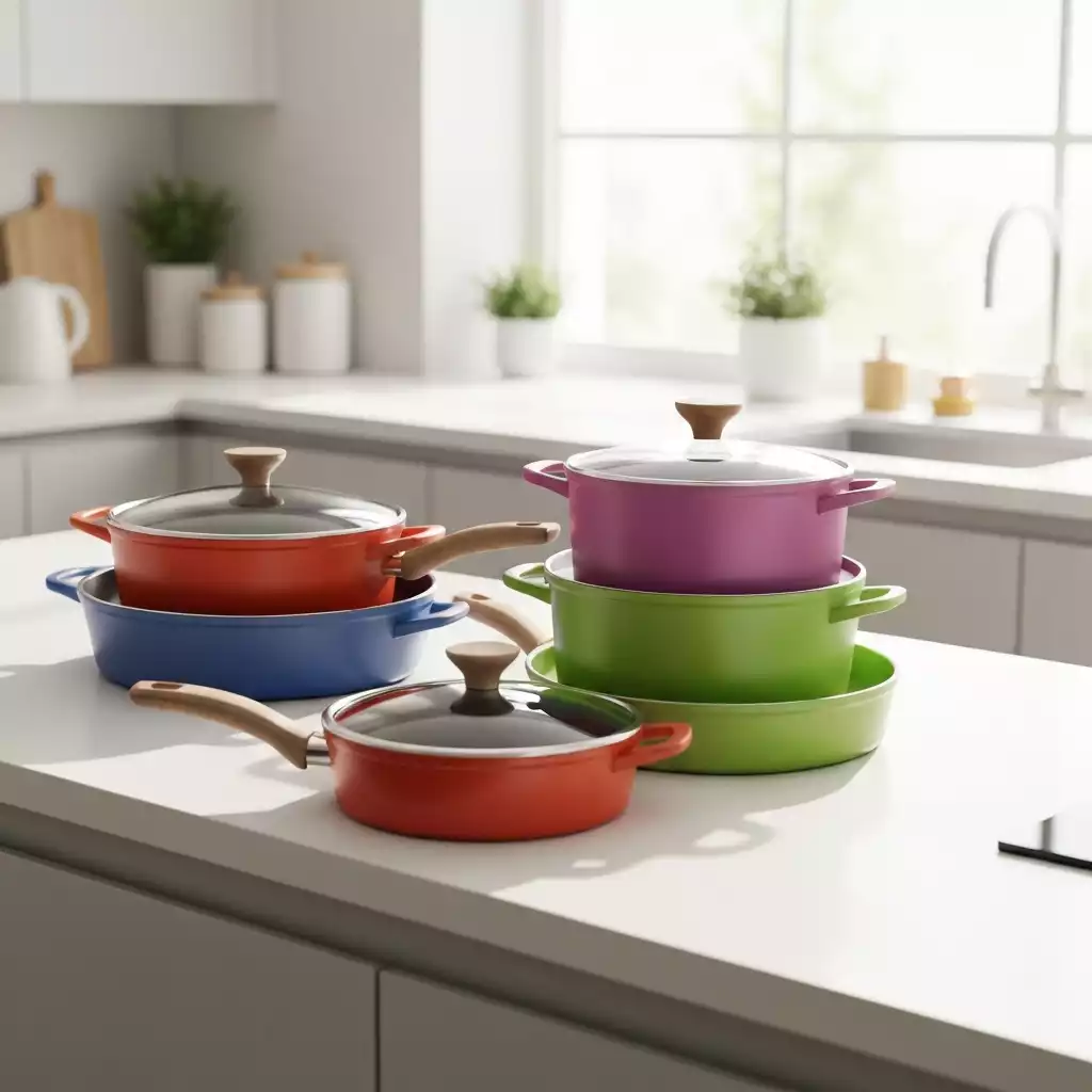 Assortment of colorful ceramic nonstick pots and pans on a kitchen counter
