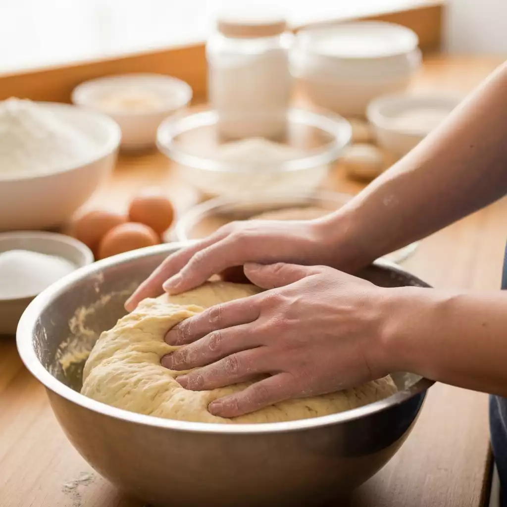 Close-up of hands using a silicone spatula to mix batter in a bowl, with other affordable baking ingredients in the background