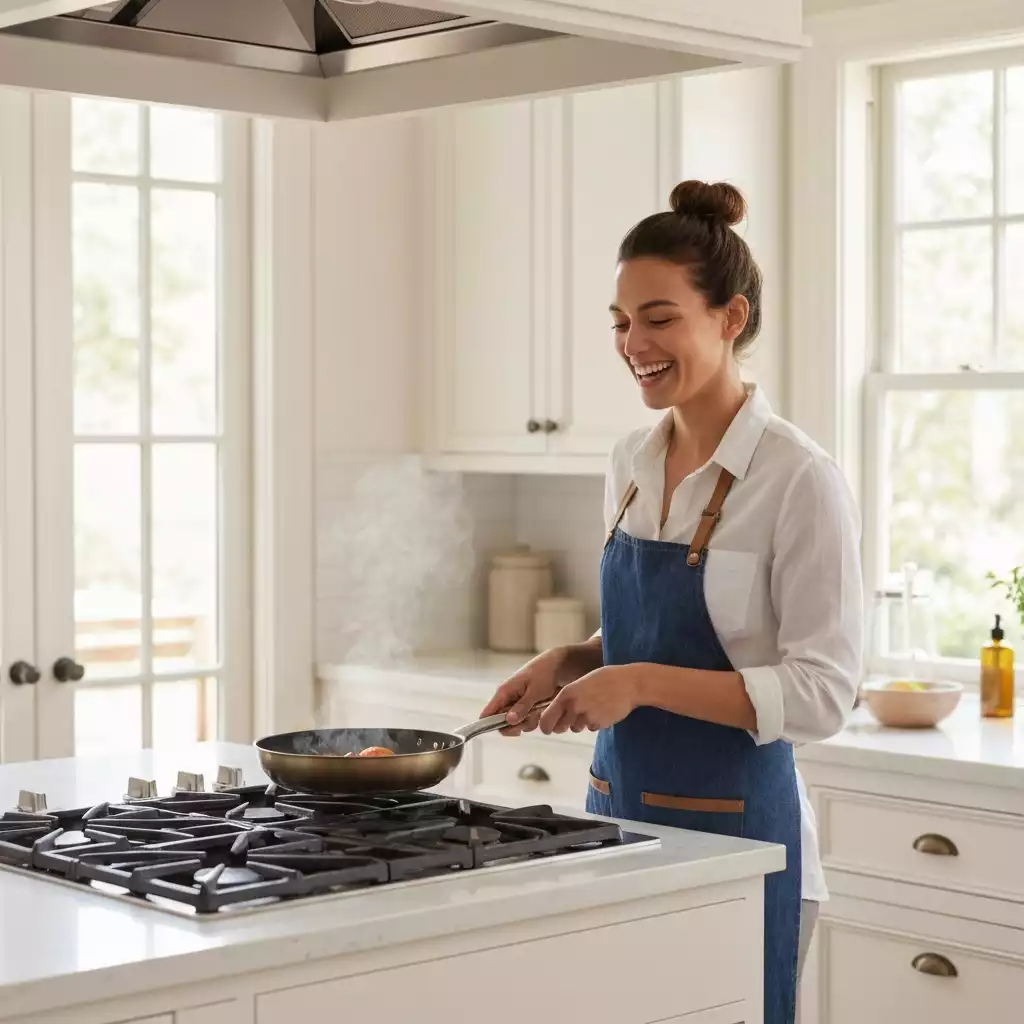 Person happily cooking with a Pampered Chef non-stick pot on a stove, modern kitchen background
